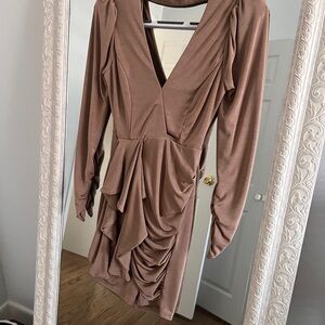 Luxxel Taupe Long Sleeve Ruched Dress